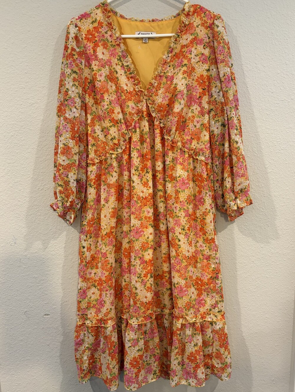 Nanette Lepore Womens Yellow Orange Floral V Neck Long Sleeve Ruffle Midi Dress